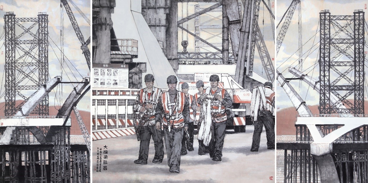 <h2>大桥建设图</h2><p>作者：蔡超</p><p>创作年代：2022年</p><p>规格：400cm×200cm</p><p>品类：国画</p>